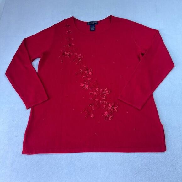 Laura Scott Sweater Womens 16/18W 3/4 Sleeves Red Floral Detail Split Sides - Picture 1 of 10